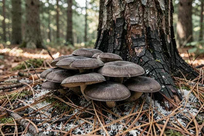 Champignons charbonniers (Tricholoma carbonarium) poussant au pied d'un tronc de pin brûlé dans une forêt française