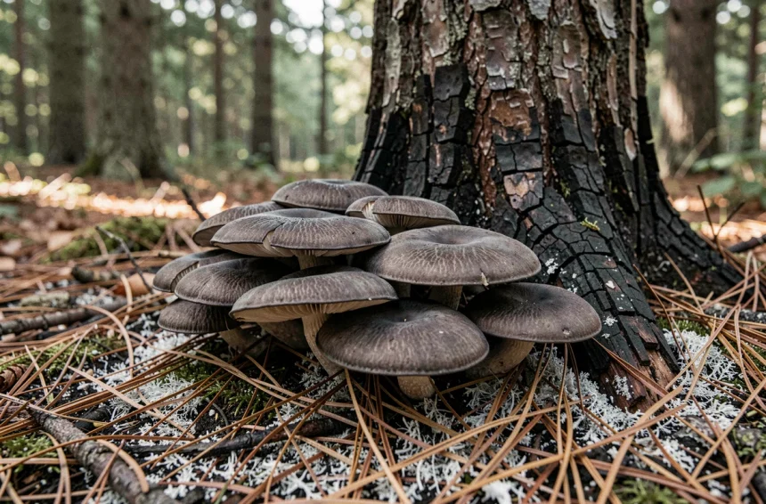 Champignons charbonniers (Tricholoma carbonarium) poussant au pied d'un tronc de pin brûlé dans une forêt française