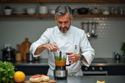 Chef en blanc mélangeant des herbes fraîches dans un blender