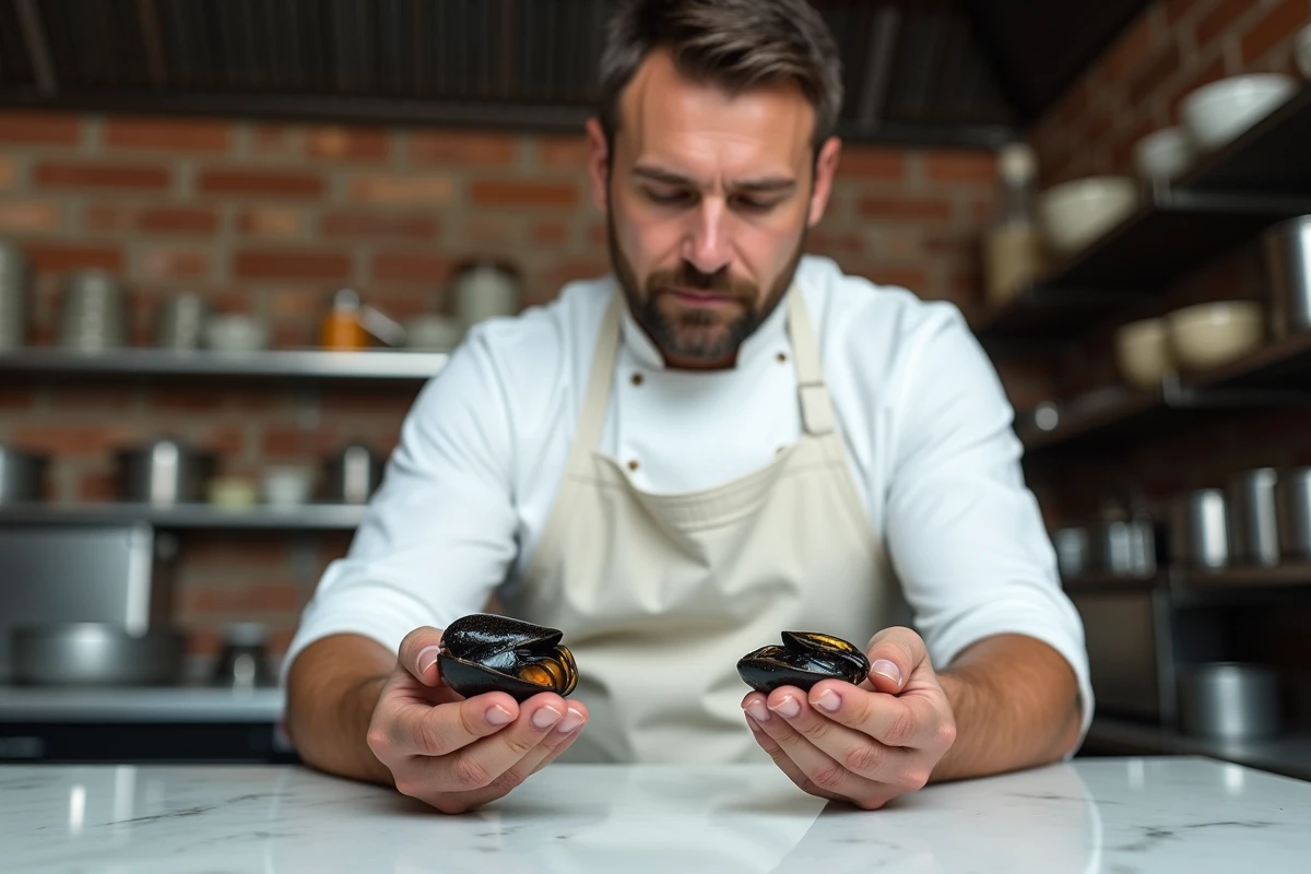 Chef cuisinier comparant une moule de bouchot et une moule méditerranéenne dans une cuisine professionnelle