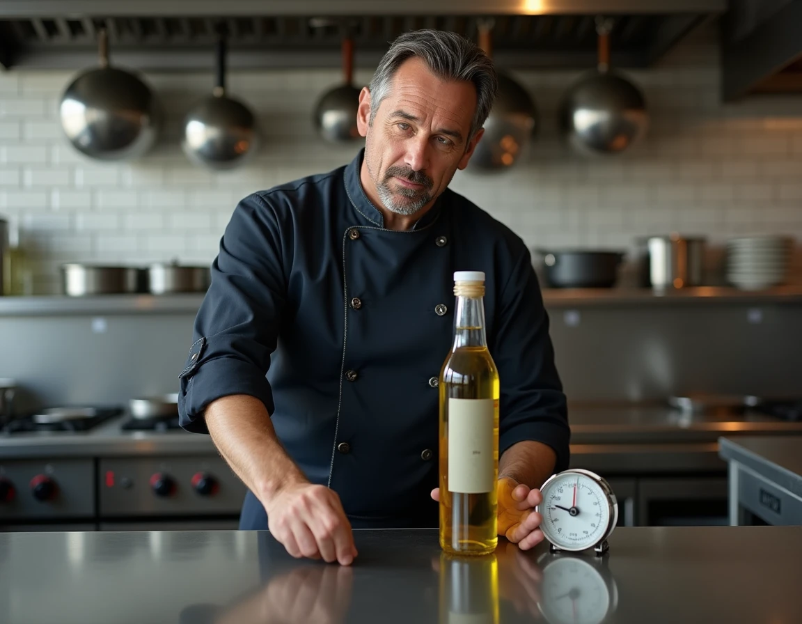 Chef cuisinier comparant une bouteille d'huile d'olive d'un litre avec une balance numérique professionnelle