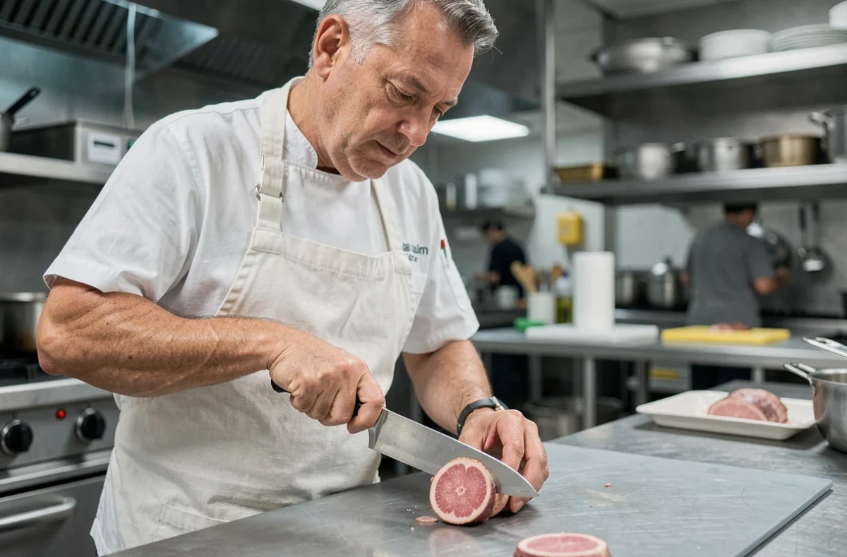 Chef cuisinier coupant un rognon de veau en deux dans une cuisine professionnelle, révélant la chair rosée et tendre