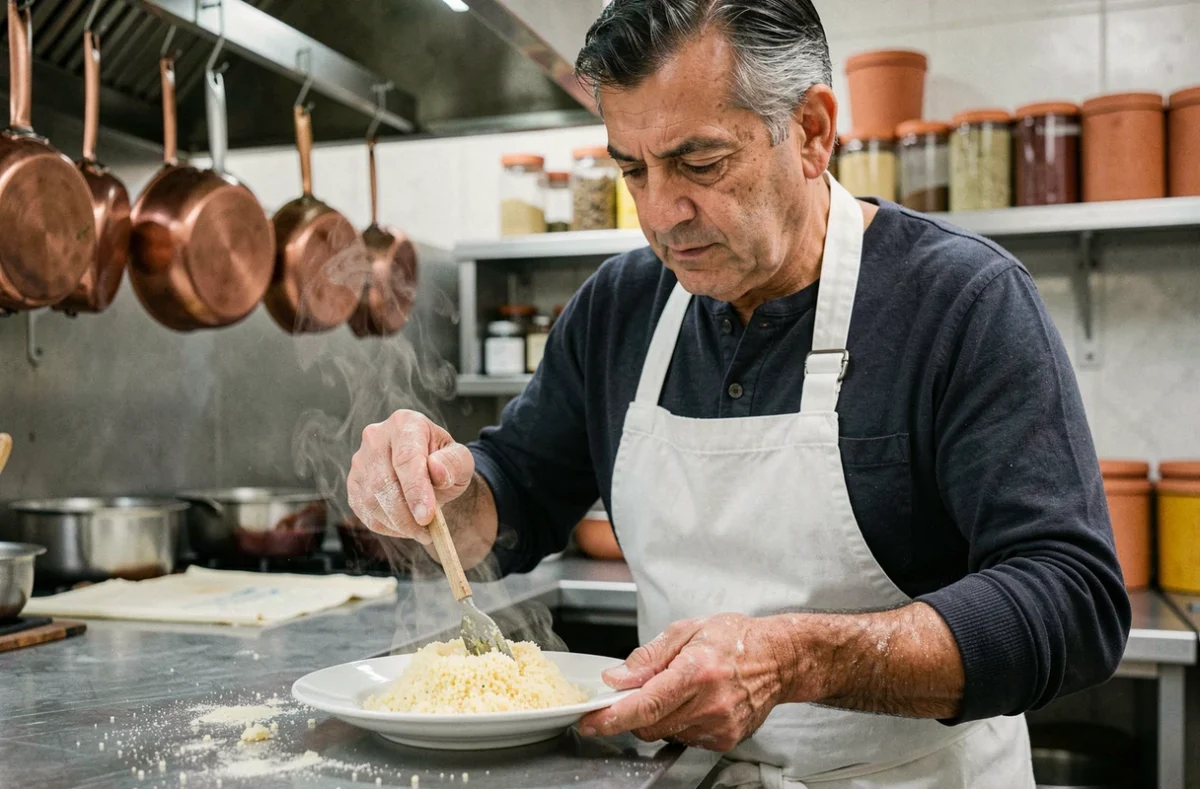 Chef maghrébin en cuisine plating un couscous traditionnel dans un restaurant toulousain avec épices et cocottes en cuivre