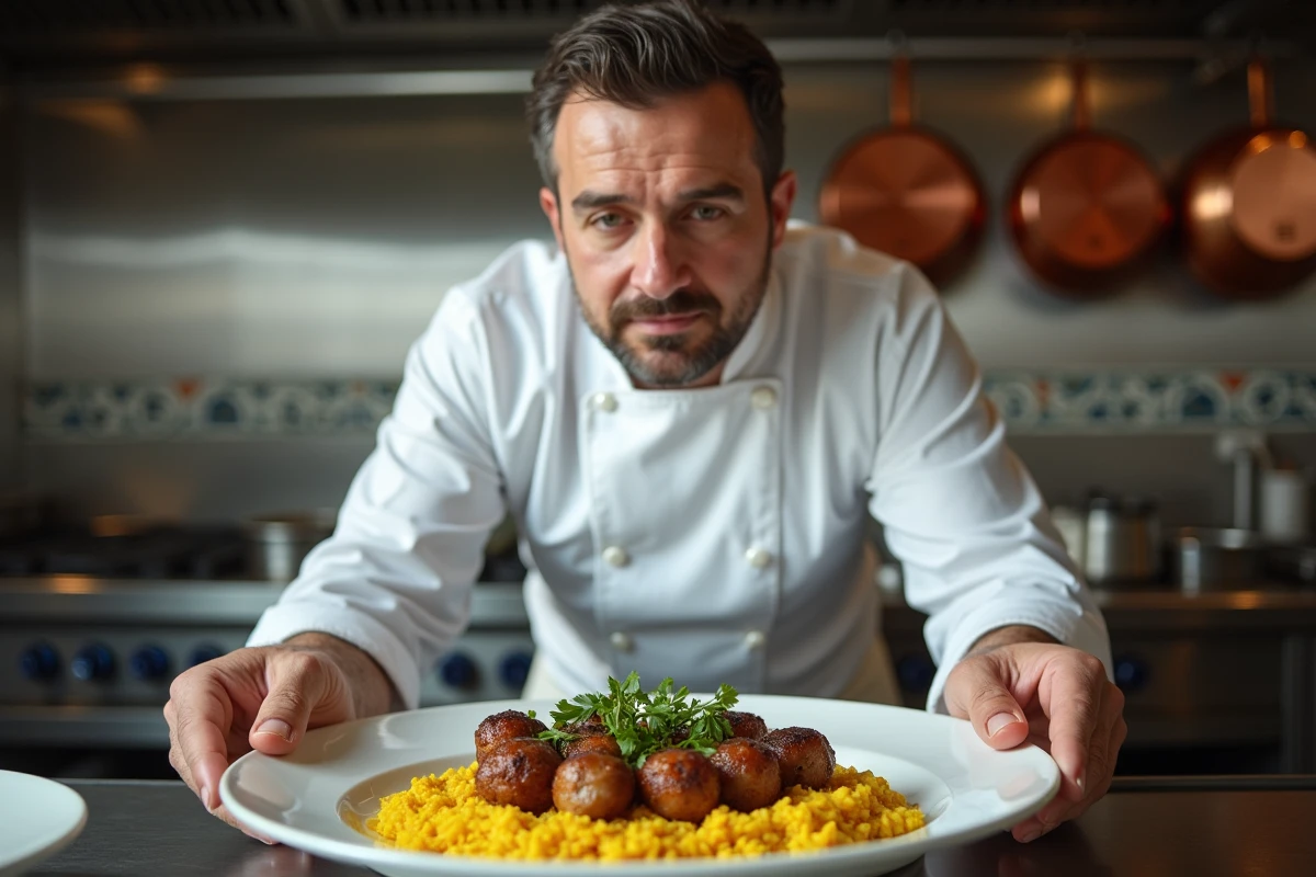 Chef cuisinier libanais préparant un plat de kofta grillé dans la cuisine du restaurant Le Cèdre halal à Paris
