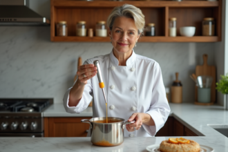 Femme chef vérifiant la température du caramel chaud