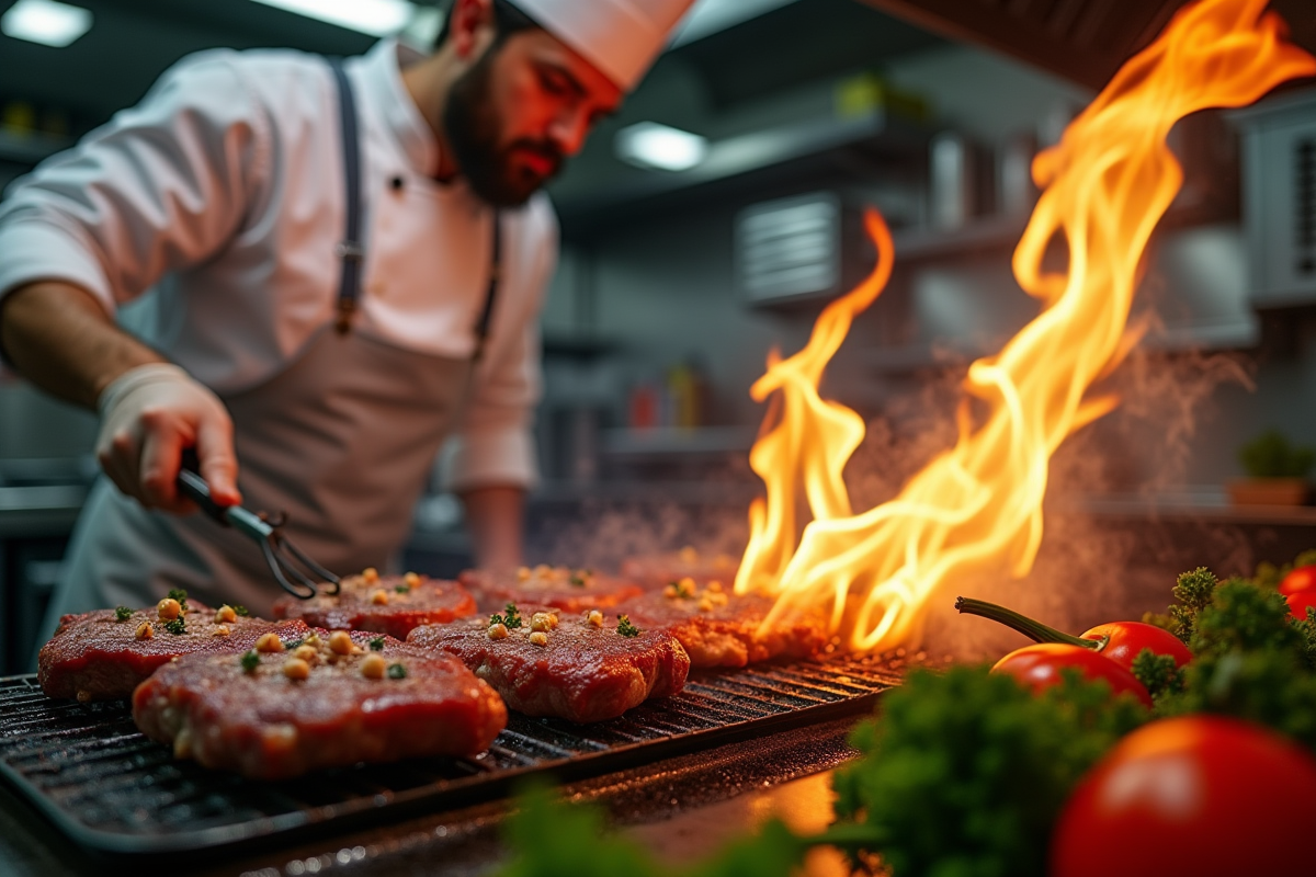Chef en cuisine grillant de la viande avec flammes et légumes