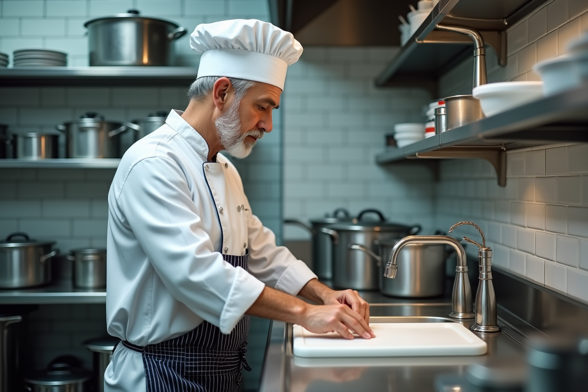 Chef désinfecte une planche en plastique dans la cuisine professionnelle
