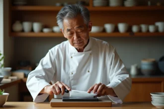 Chef japonais affûtant un couteau traditionnel dans une cuisine