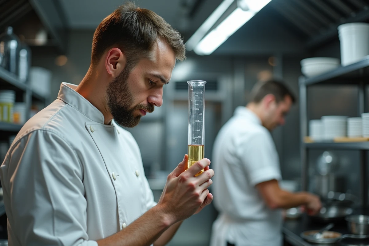 Chef cuisinier professionnel en toque blanche mesurant précisément 125ml dans un cylindre gradué dans une cuisine de restaurant professionnelle