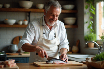 Chef français coupant un filet de poisson avec un couteau deba
