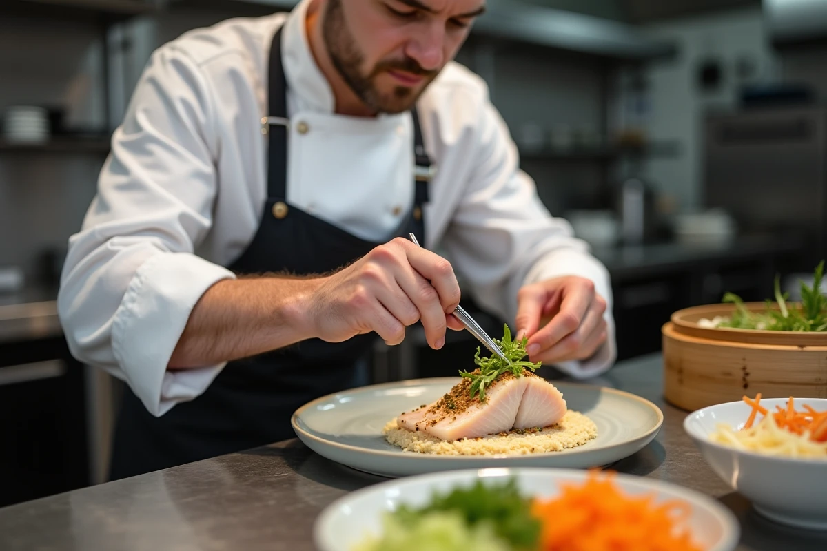Chef cuisinant une julienne de poisson vapeur en restaurant, arrangeant les légumes avec précision sur l'assiette