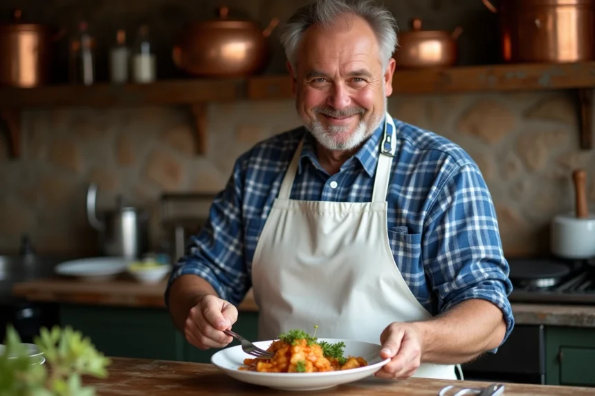 Chef français souriant en cuisine rustique avec plat de couille de mouton