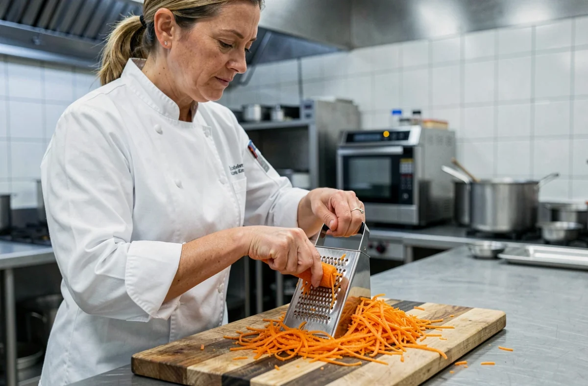 Cheffe professionnelle râpant des carottes fraîches sur une râpe en cuisine, recette de carottes râpées