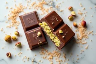 Chocolat Dubaï coupé révélant une garniture pistache et kataifi sur marbre blanc