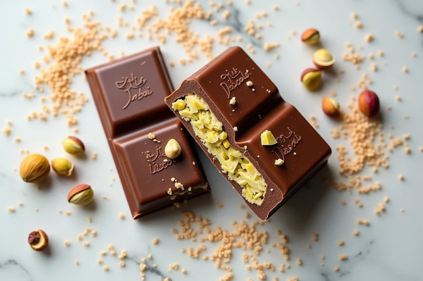 Chocolat Dubaï coupé révélant une garniture pistache et kataifi sur marbre blanc