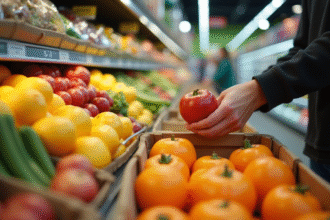 Mains d'acheteur sélectionnant des fruits frais en supermarché