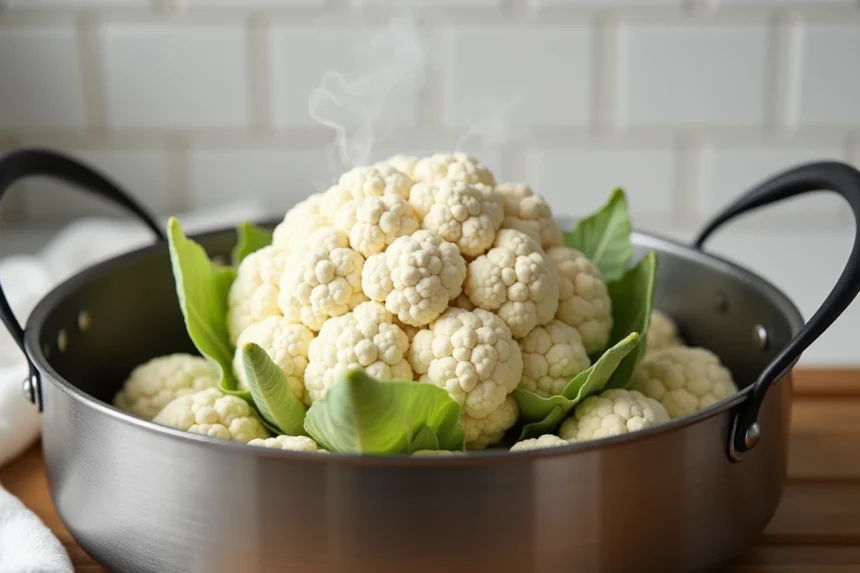 Chou-fleur entier dans un panier vapeur en inox au-dessus d'une casserole avec de la vapeur visible, dans une cuisine moderne