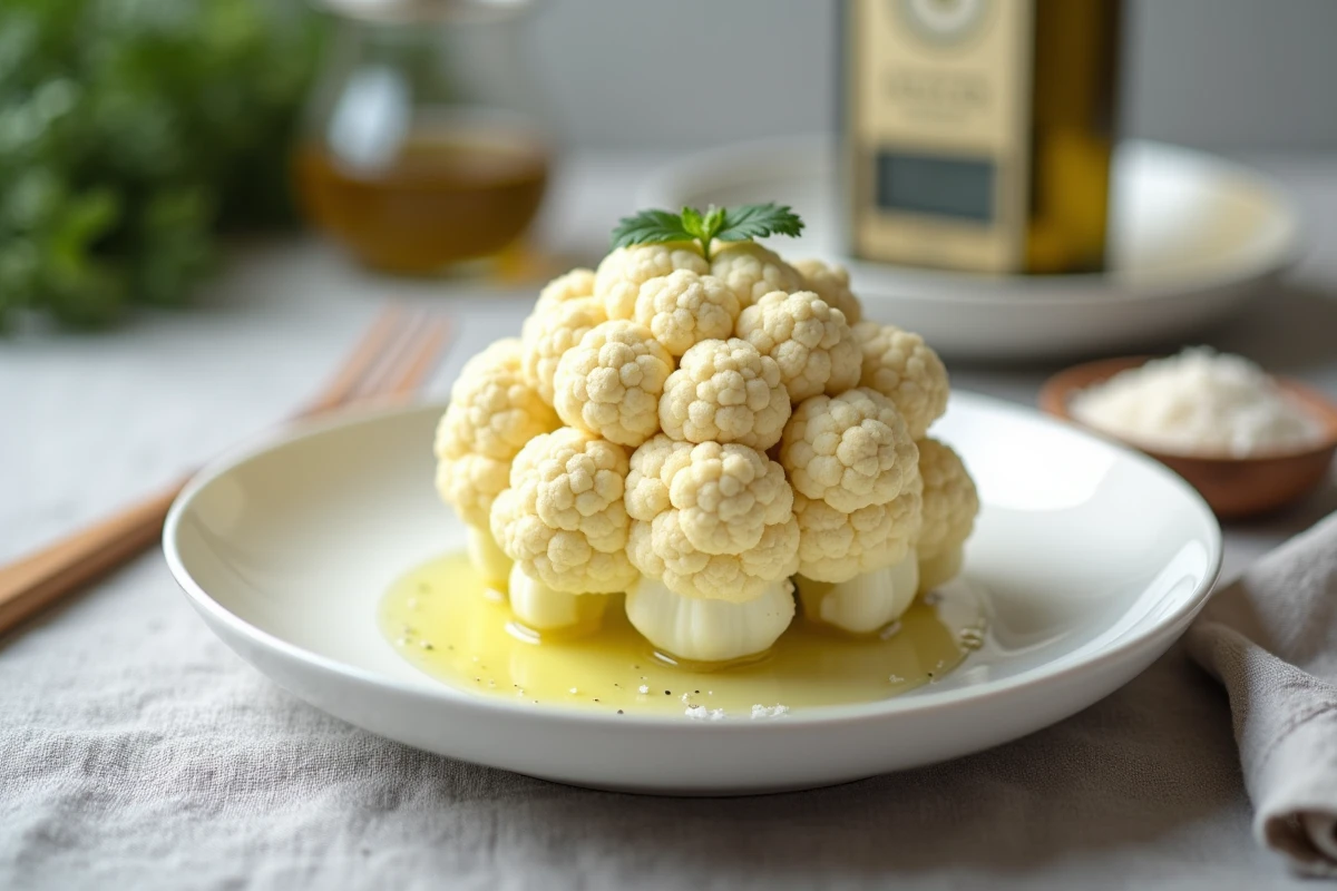 Chou-fleur cuit à la vapeur entier sur une assiette en céramique blanche avec de l'huile d'olive et de la fleur de sel, vue rapprochée