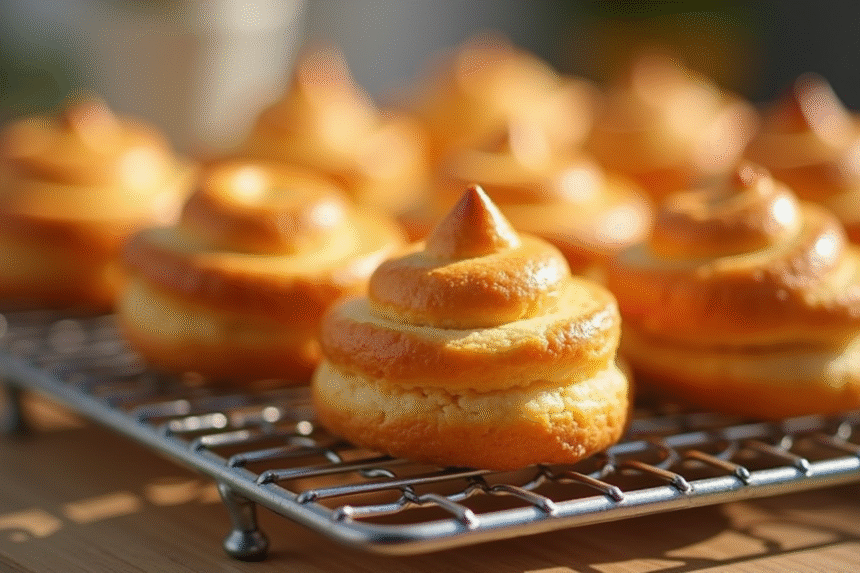 Choux dorés en refroidissement sur grille de pâtisserie