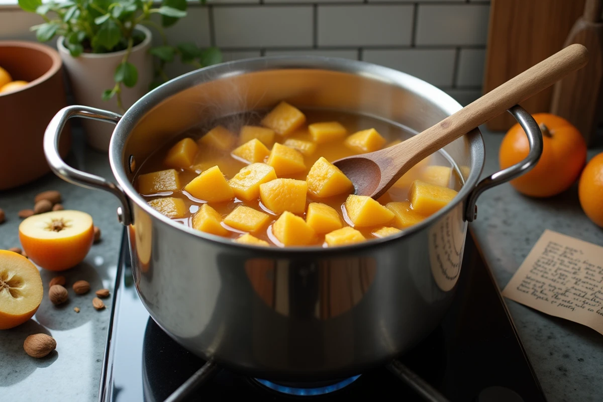 Morceaux de coings non épluchés en train de cuire dans une grande casserole sur une cuisinière à gaz pour préparer de la confiture