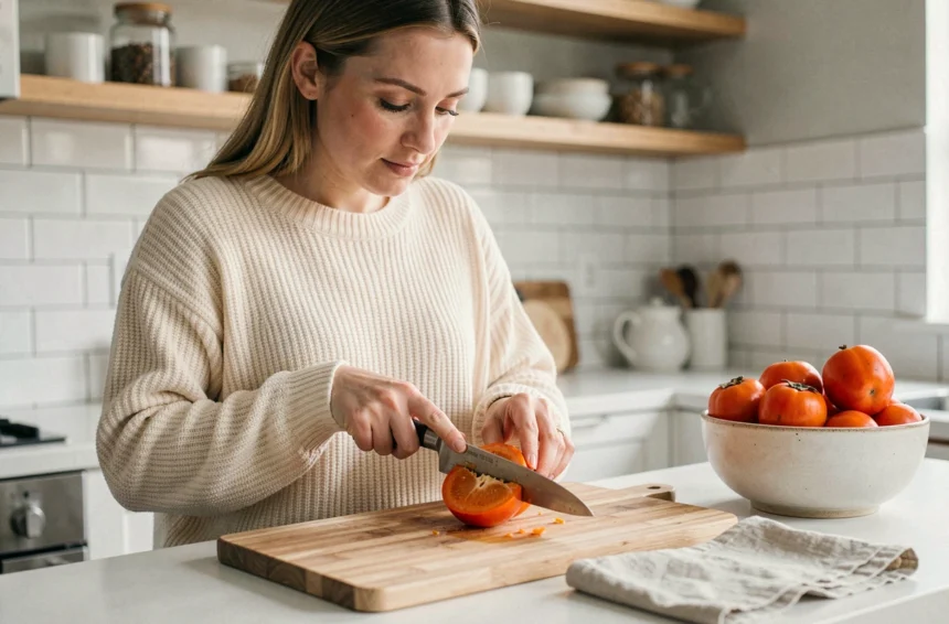 Femme coupant un kaki mûr en tranches sur une planche en bois dans une cuisine moderne
