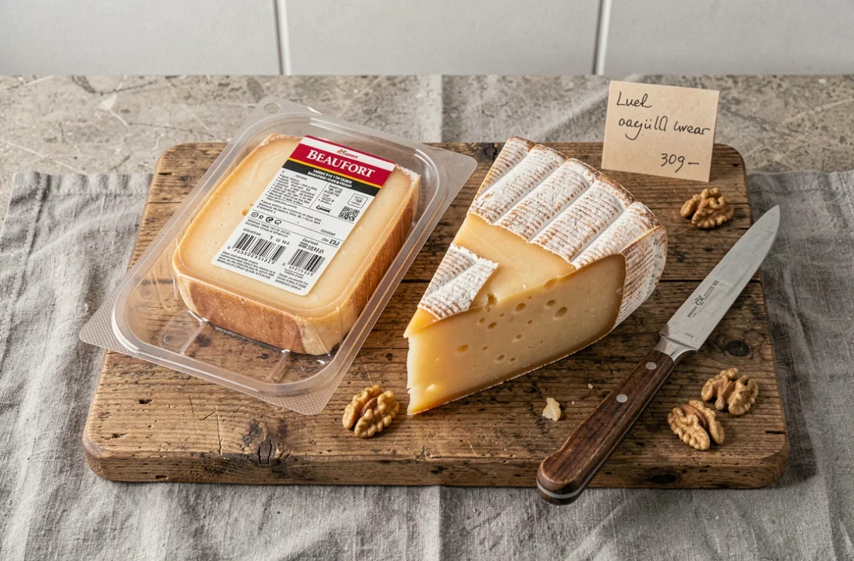 Comparaison visuelle d'un Beaufort de supermarché emballé et d'un Beaufort artisanal de fromagerie sur table en bois