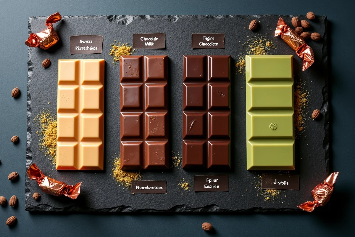 Comparaison de chocolats premium dont le chocolat Dubaï sur ardoise noire