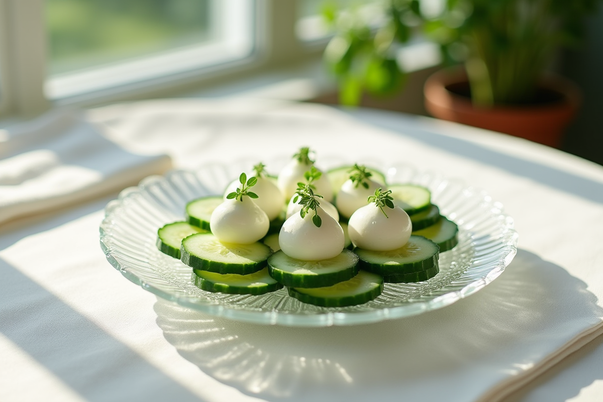 Tranche de concombre avec creme et microgreens sur linge blanc