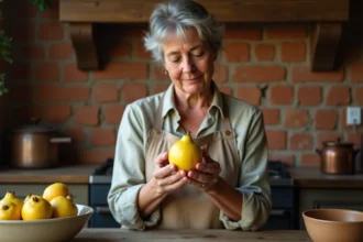 Femme tenant un coing entier non épluché au-dessus d'un plan de travail en bois rustique, s'interrogeant sur l'épluchage du fruit