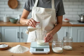 Femme versant un liquide dans une balance de cuisine affichant 125g avec des ustensiles de mesure en verre sur un comptoir en bois