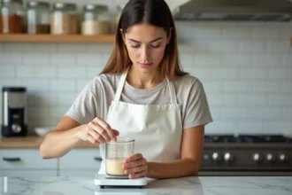Femme versant un liquide mesuré en centilitres dans une balance de cuisine numérique affichant des grammes sur un plan de travail en marbre