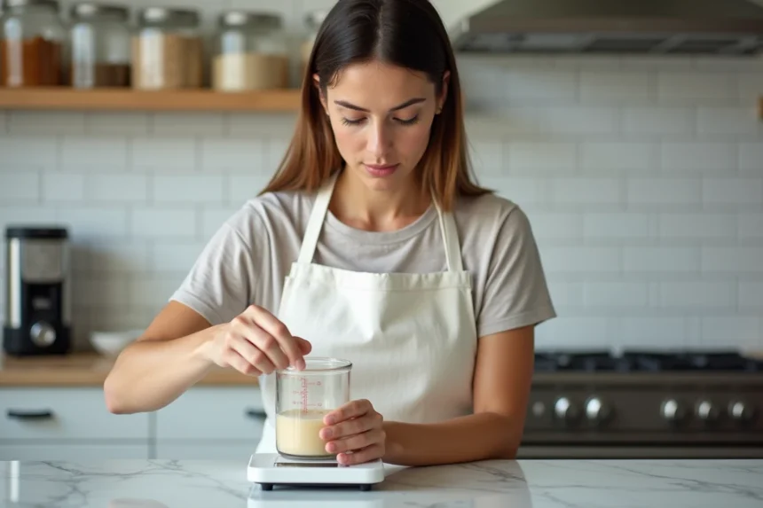 Femme versant un liquide mesuré en centilitres dans une balance de cuisine numérique affichant des grammes sur un plan de travail en marbre