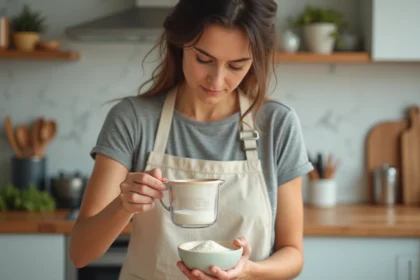 Femme versant 125g de farine dans un verre doseur gradué en centilitres sur un plan de travail en bois