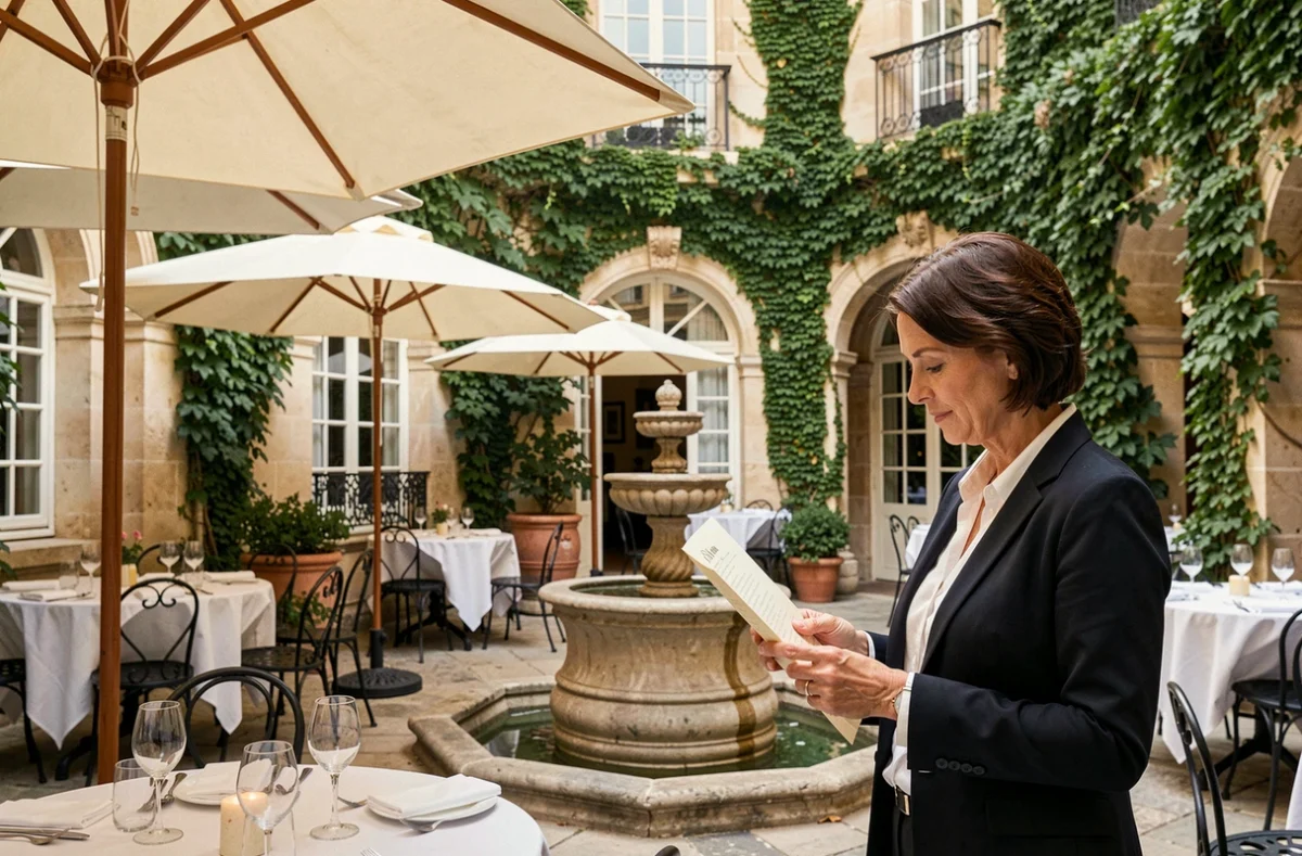 Cour intérieure élégante du restaurant Côté Cour à Aix-en-Provence avec parasols crème, tables dressées et fontaine en pierre entourée de murs recouverts de lierre