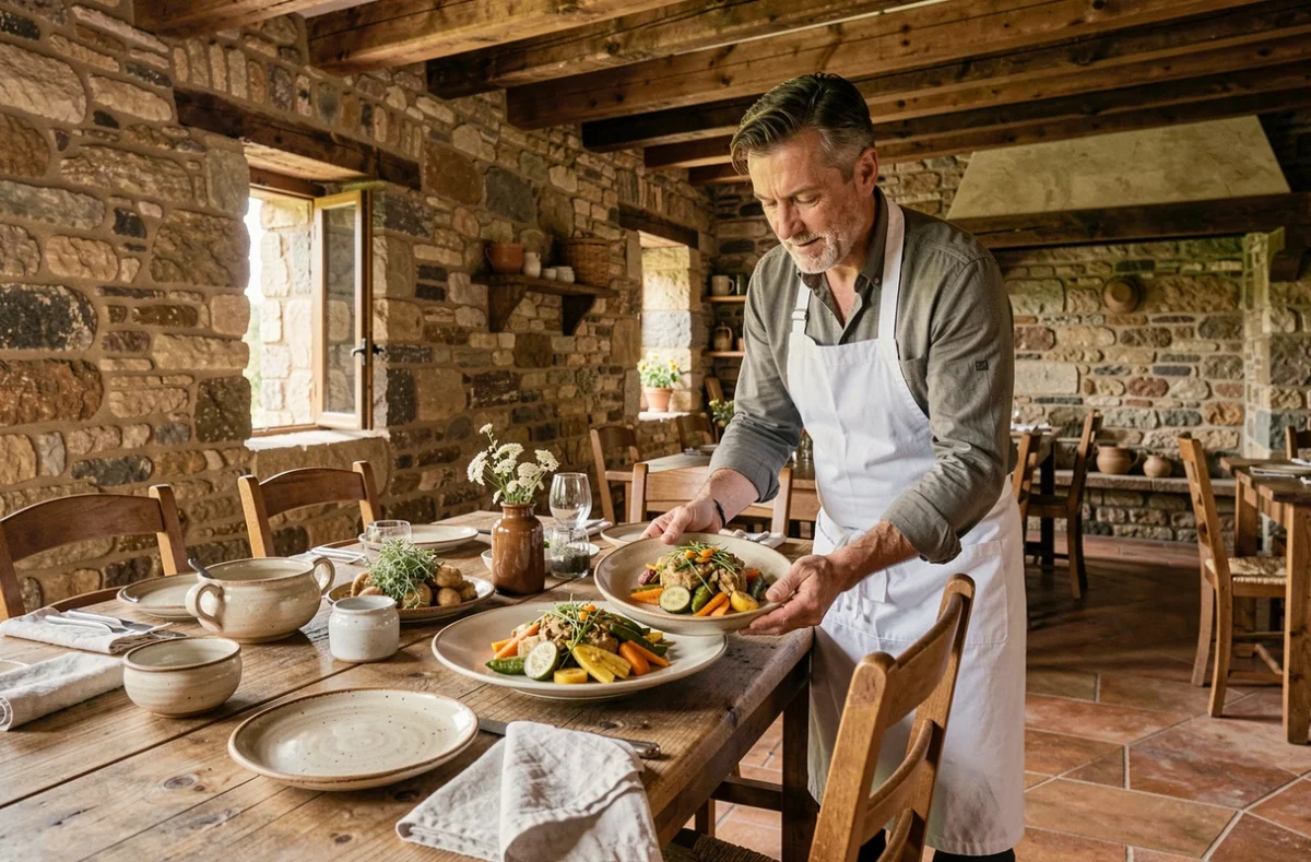 Intérieur rustique du restaurant Côté Sud à Uchaux avec pierre apparente, tomettes et chef présentant un tian de légumes provençaux sur table en bois dressée avec céramiques locales