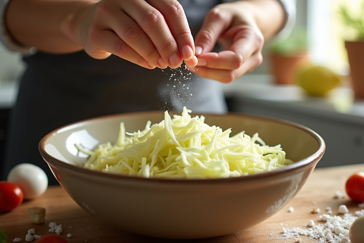 Mains d’un boulanger saupoudrant du sel sur du chou râpe dans un bol en céramique