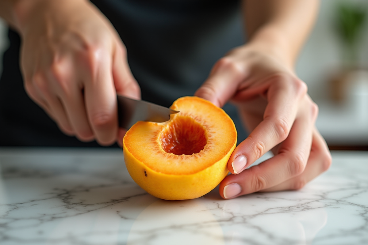 Mains coupant un jujube mûr sur un plan de travail