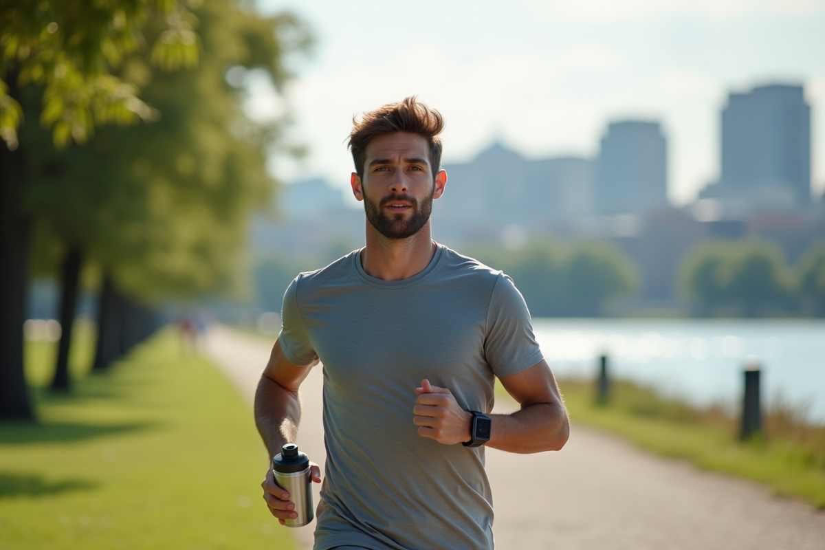 Jeune homme courant dans un parc au bord de la rivière