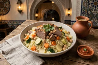 Bol de couscous traditionnel maghrébin servi dans un restaurant de Toulouse avec agneau, légumes mijotés et harissa maison
