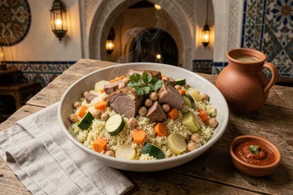 Bol de couscous traditionnel maghrébin servi dans un restaurant de Toulouse avec agneau, légumes mijotés et harissa maison