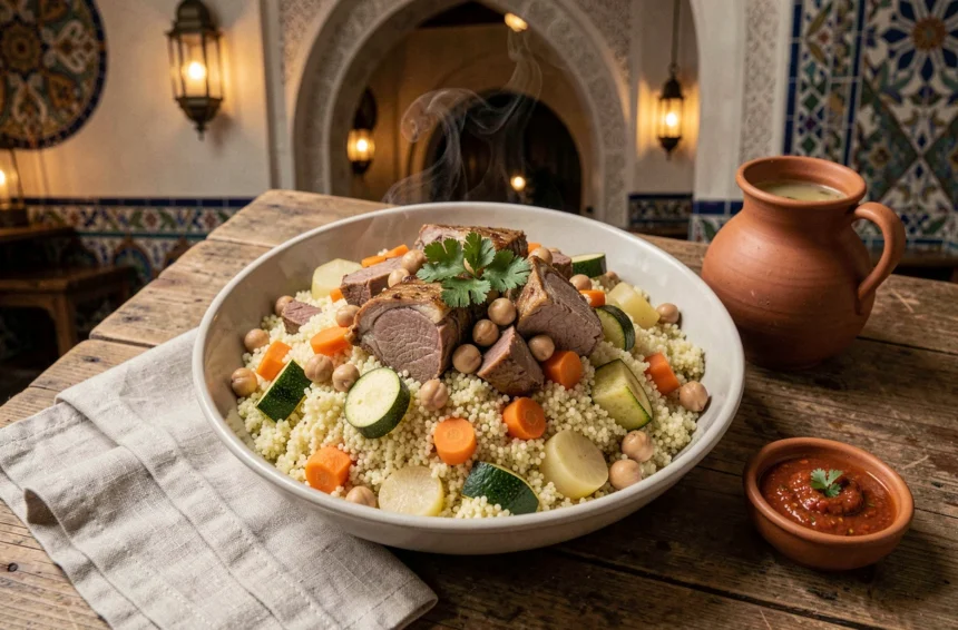 Bol de couscous traditionnel maghrébin servi dans un restaurant de Toulouse avec agneau, légumes mijotés et harissa maison