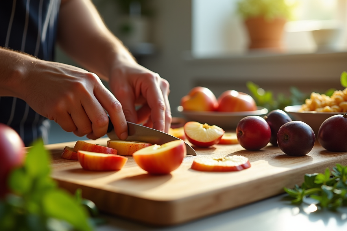 Cuisinier tranchant des fruits sur planche en lumière naturelle