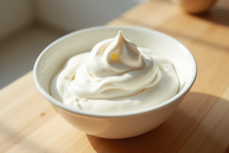 Crème fouettée maison dans un bol en bois clair