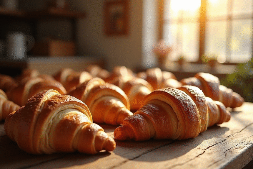 Croissants frais sur une table en bois rustique ensoleillée