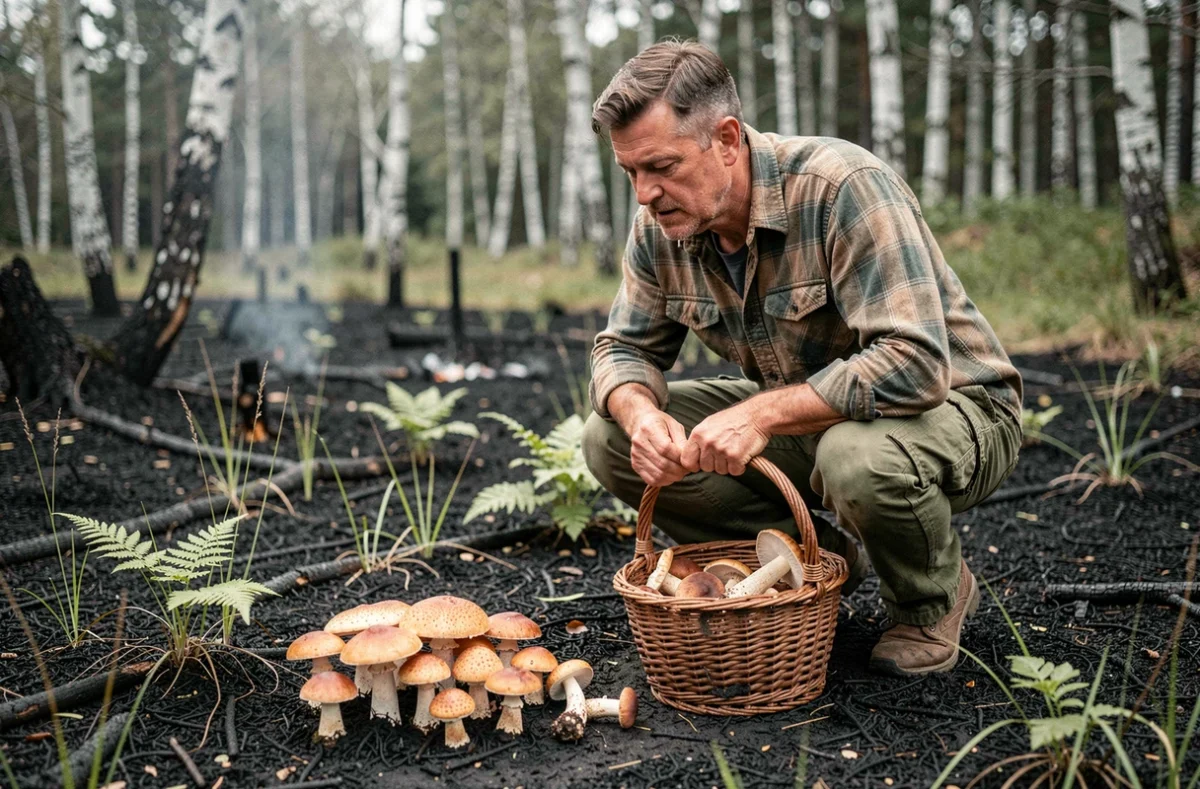 Cueilleur de champignons charbonniers dans une clairière brûlée d'une forêt française avec son panier en osier