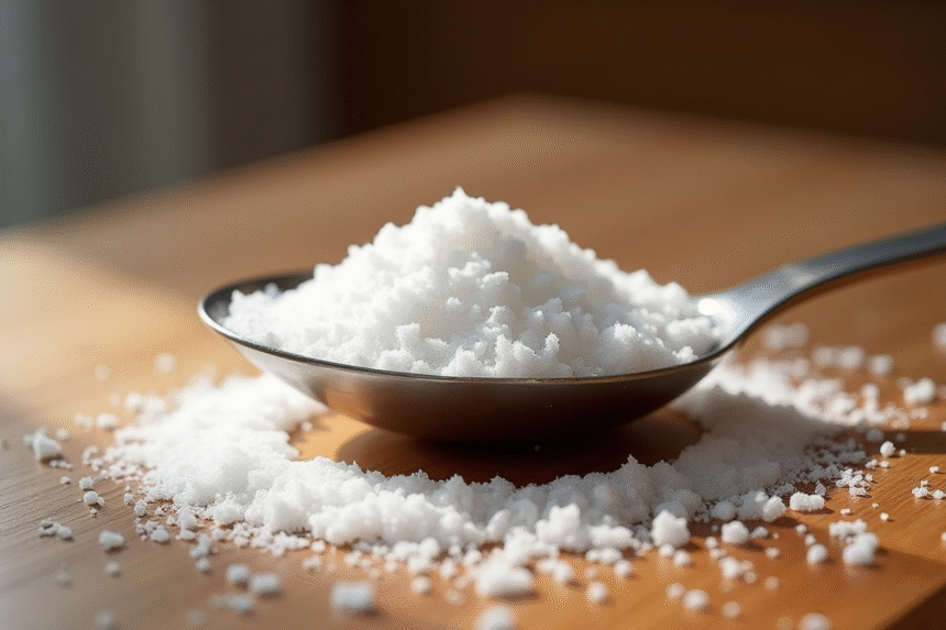 Cuillere en inox remplie de sucre sur plan de travail en bois