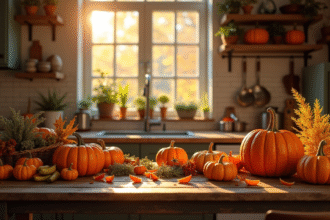 Scène de cuisine automnale avec citrouilles et légumes