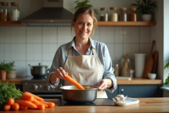 Femme en tablier cuisine des carottes dans une casserole