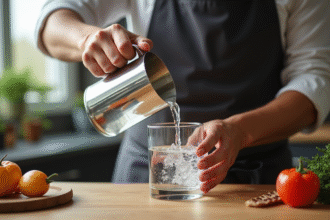 Les mains d'un chef versant de l'eau dans un verre de 50 cl
