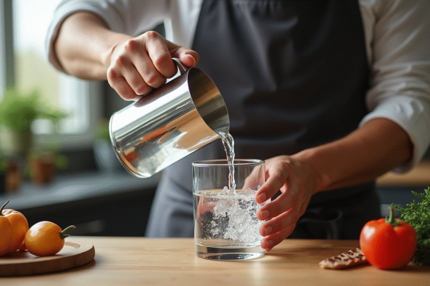 Les mains d'un chef versant de l'eau dans un verre de 50 cl